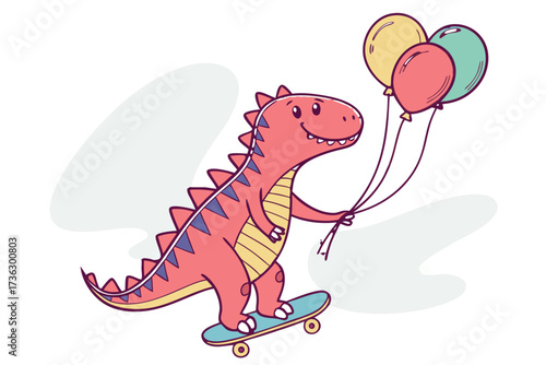 Cute cartoon dinosaur riding a skateboard and holding balloons