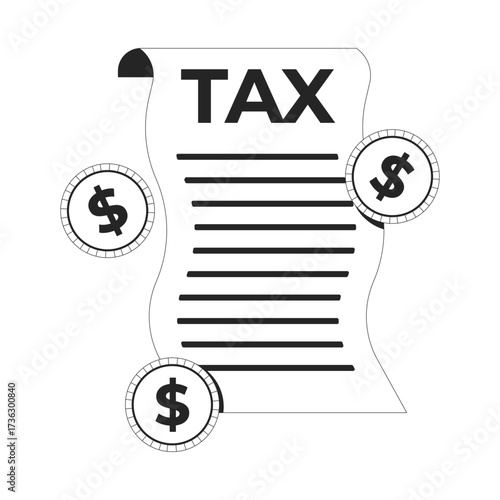 Tax document with dollar coins 2D line object. Taxation form. Financial obligations. Income statement, expenses tax return isolated clipart vector ink outline item. Monochrome spot illustration