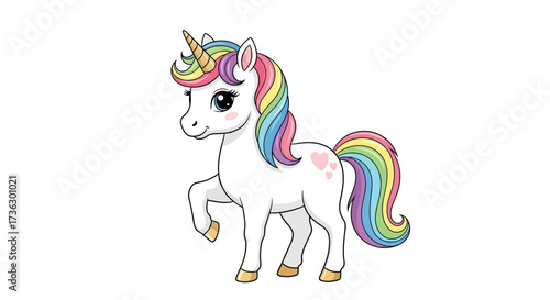 Charming unicorn illustration with rainbow mane and tail on a crisp white background