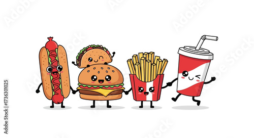 Cheerful cartoon fast food characters holding hands creating a playful and friendly vibe