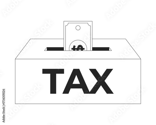 Dollar bill inserted into tax payment box 2D line object. Government revenue. Taxpayer money. Financial donation contribution isolated clipart vector ink outline item. Monochrome spot illustration