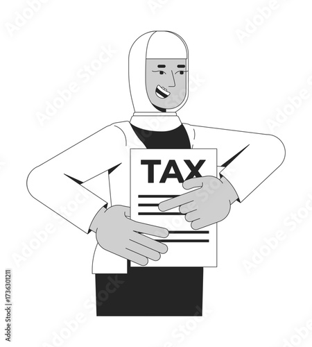 Smiling muslim hijab woman pointing at tax form 2D line character. Cheerful taxpayer in headscarf reminds about taxation submission isolated vector ink outline person. Monochromatic spot illustration
