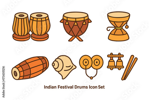 Colorful indian festival drums and musical icons set