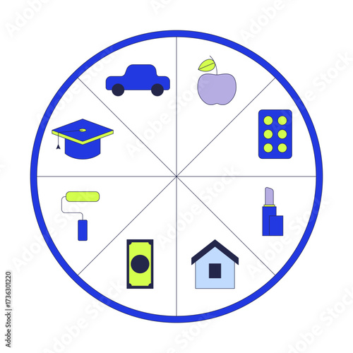 Budget allocation pie chart 2D cartoon object. Segmented piechart with categories car, food, education, home, healthcare, expenses isolated element flat vector clip art on white. Spot illustration