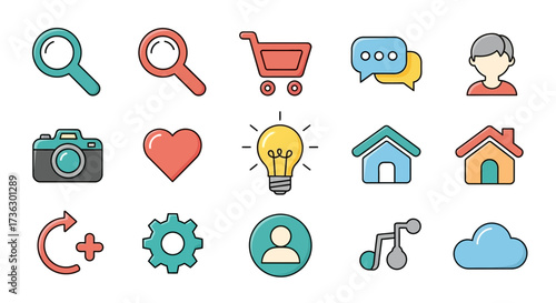 Colorful outline icons portraying various actions and objects for design enhancement