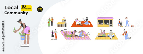 Local community lifestyle cartoon flat illustrations mega bundle. Picnic, coffee shop. Diverse people engaging in daily activities 2D images isolated on white. Collection vector drawings colorful