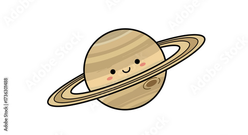 Cute cartoon rendering of planet saturn in outer space with happy expression