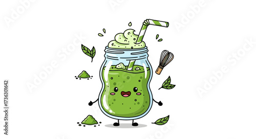 Delightful matcha latte cartoon character with a playful and vibrant design