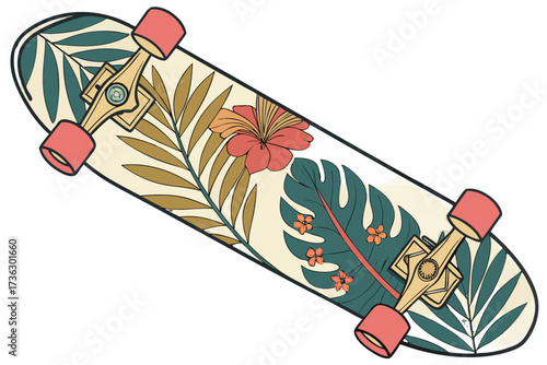 Tropical skateboard with floral pattern