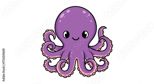 Delightful purple octopus cartoon character with eight tentacles and cheerful expression isolated