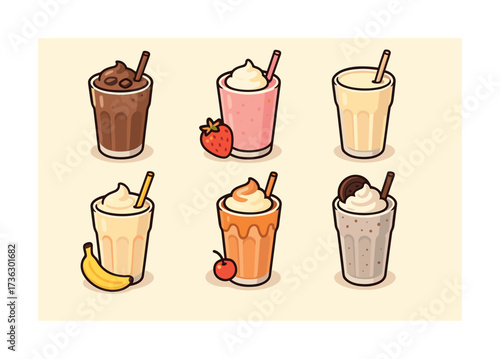 Assorted milkshake flavors: chocolate, strawberry, vanilla, banana, peach, oreo delight
