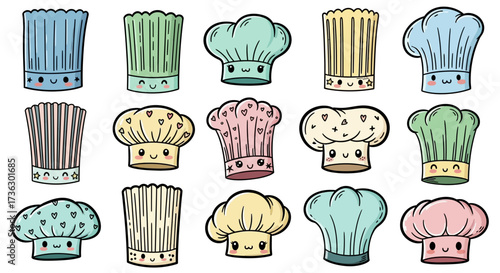 Delightful Variety of Chef Hats Collection with Cute Faces Culinary Kawaii Art