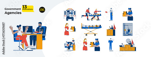 Government services and legal system cartoon flat illustrations mega bundle. Police witness, ambulance paramedics, court jury, postal 2D images isolated on white. Collection vector drawings colorful