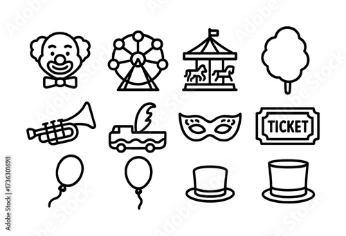 Carnival icon set: clown, ferris wheel, carousel, cotton candy, and more