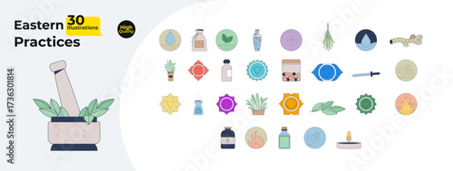 Eastern practices and spiritual symbols cartoon flat illustrations mega bundle. Chakras, herbal remedies, essential oils, meditation 2D images isolated on white. Collection vector drawings colorful