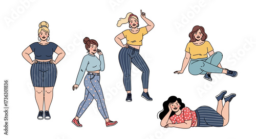 Diverse body positivity illustration showcasing women of various shapes and sizes in casual wear