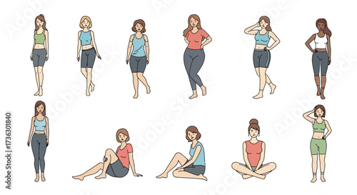 Diverse depiction of women in casual wear exhibiting various poses and body types in illustration