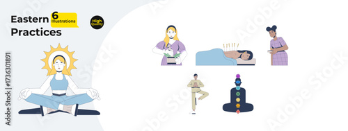 Diverse people wellness and healing cartoon flat illustrations mega bundle. Meditation, herbal remedies, acupuncture. Eastern practices 2D images isolated on white. Collection vector drawings colorful