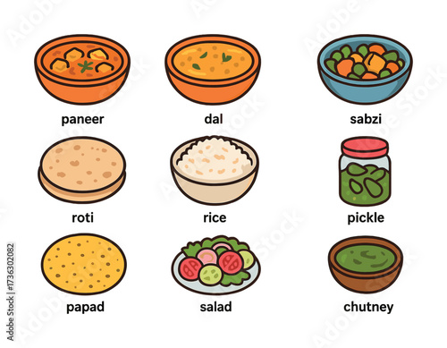 Illustration of indian cuisine: paneer, dal, sabzi, roti, rice, pickle, papad, salad, chutney