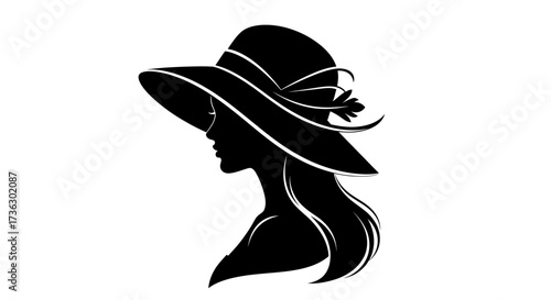 Elegant woman silhouette wearing a wide-brimmed hat with floral decoration side view