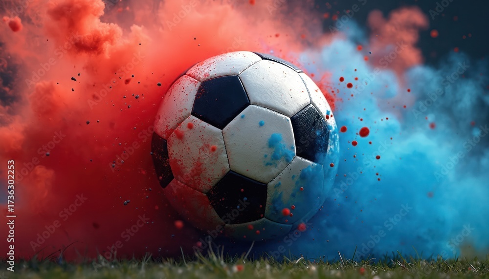 Fototapeta premium Soccer ball in red and blue smoke explosion. Sportive game activity with dynamic action, intense energy, and motion blur. Dramatic event symbol.