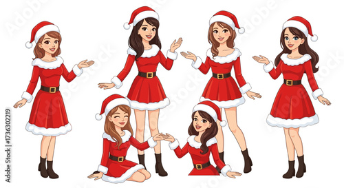 Festive cartoon girls dressed as santa claus spreading holiday cheer in playful poses