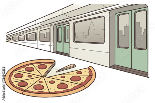 Pizza slice on subway platform with train and city skyline