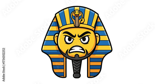 Fierce pharaoh cartoon with traditional headdress and menacing expression on white background