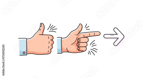 Expressive cartoon gesture featuring thumbs up, point gesture and guiding arrow