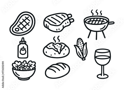 Barbecue essentials: grilled meats, bread, salad, sauce, corn, wine icons