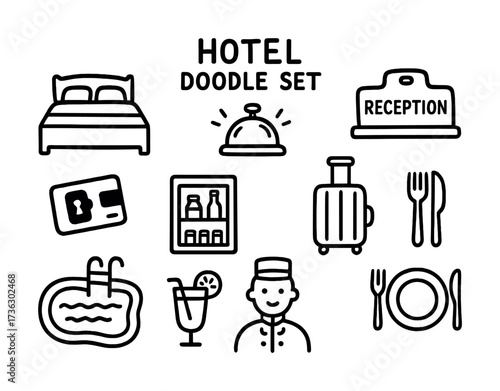 Hotel doodle set: bed, bell, reception, mini-bar, luggage, dining, pool, bartender