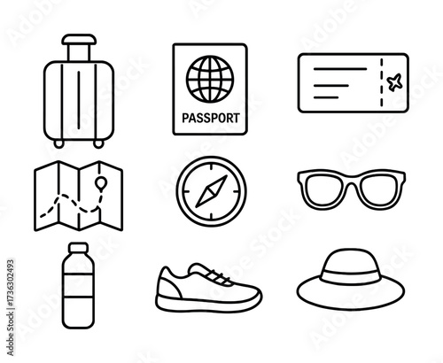 Travel essentials icons: suitcase, passport, ticket, map, compass, sunglasses, water bottle, sneakers, hat