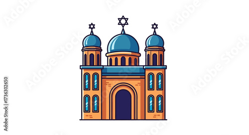 Illustrative depiction of a synagogue with blue domes and star of david symbols atop the building