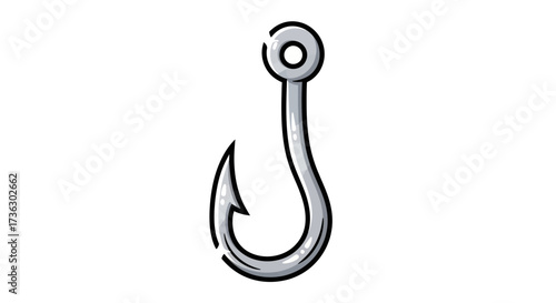 Illustration of a Shiny Silver Fishing Hook with a Sharp Point on a White Background