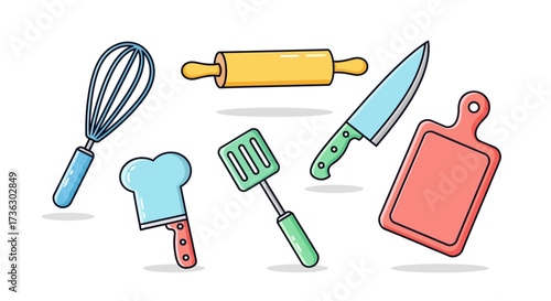 Kitchen utensil assortment cartoonish with culinary tools for baking and cooking