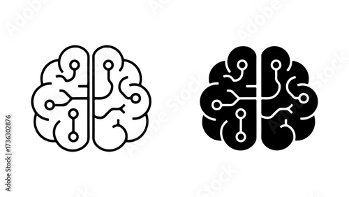 Stylized Digital Brain Circuit Icons in Black and White Outline and Solid Fill