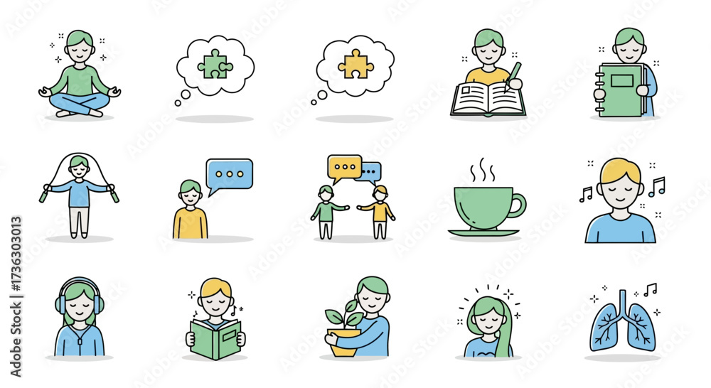 Fototapeta premium Mental wellbeing and self care practices represented through simple line icons for promoting