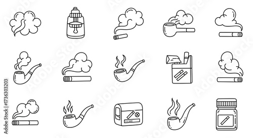 Monochrome line art illustration showcasing a variety of smoking and vaping related items