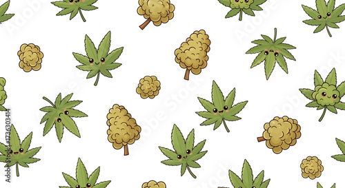 Playful Cannabis Cartoon Pattern with Cute Faces and Cheerful Botanical Design