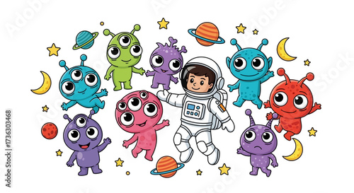 Playful cosmic encounter: Cartoon astronaut surrounded by friendly colorful aliens in space