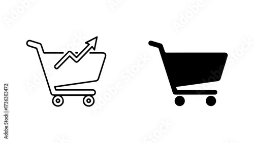 Monochrome Shopping Cart Icons with Upward Trend and Solid Fill