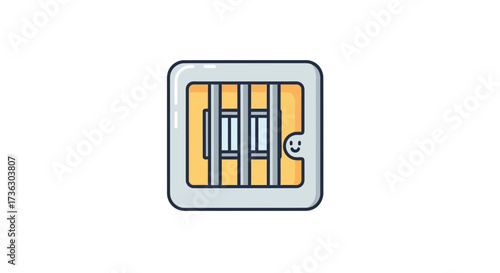 Stylized cartoon jail cell icon with smiling face on the door suitable for education or fun