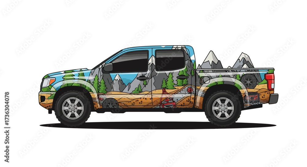 Fototapeta premium Stylized pickup truck featuring an outdoor adventure scene with mountain and forest theme