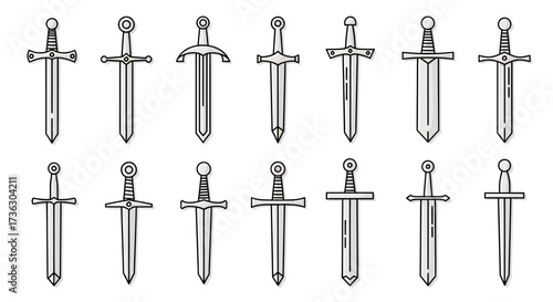 Variety of line art swords illustration, a collection of historical weapons set in vector format
