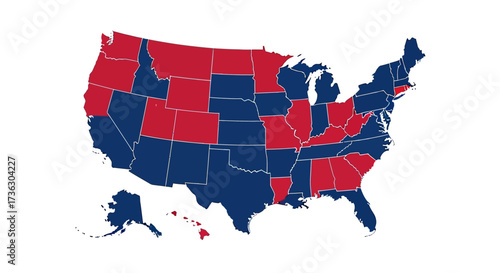 United States map showing state-wise political affiliations in red and blue graphical