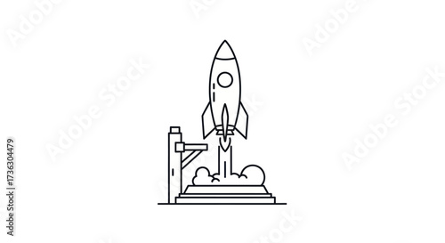 Minimalist Line Art Rocket Launch Icon with Smoke.