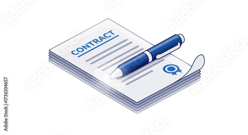 Contract Document Stack with Blue Pen on Top Ready for Signature.