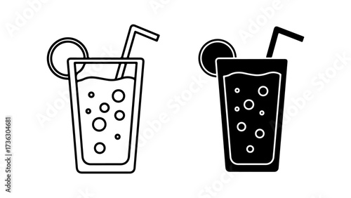 Outline and Solid Black Icons of a Fizzy Drink Glass
