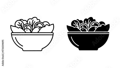 Healthy Salad Bowl Icons: Outline and Solid Glyph Vector Set