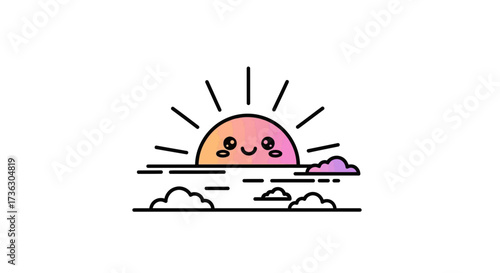 Whimsical sunrise character illustration with smiling face and pastel gradient design elements